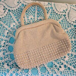 Vintage Late 1960s/Early 70s Cream Beaded Purse, Kiss Clasp, Made in Hong Kong
